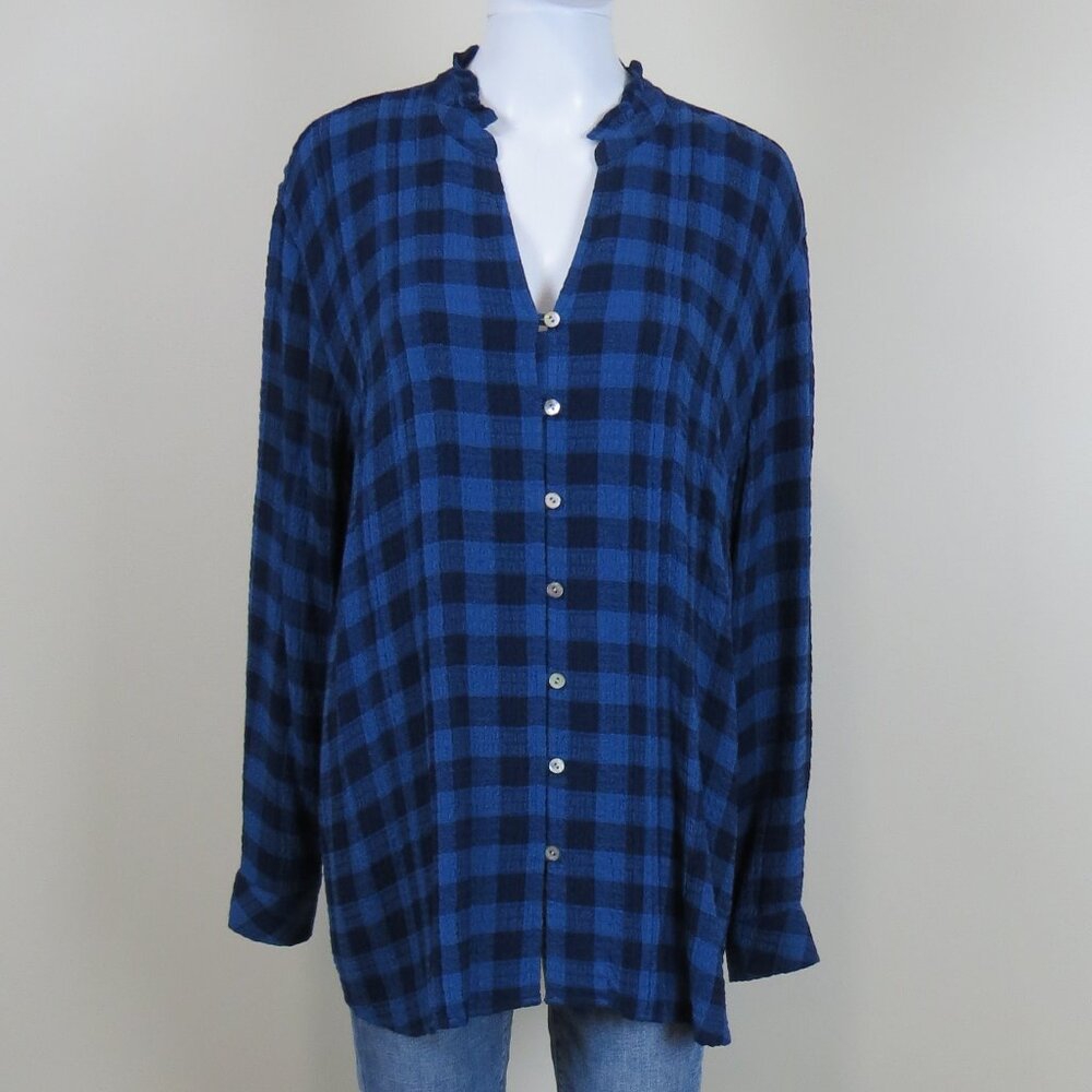 NEW J. Jill Button Up Buffalo Check Tunic Top SIZE 2X Blue - Rayon Blend